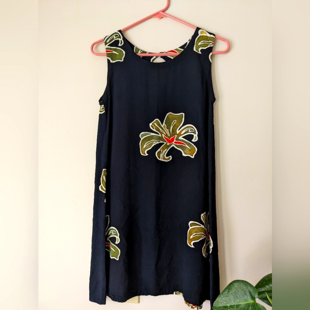 Club Med keyhole summer dress vintage navy floral design rayon